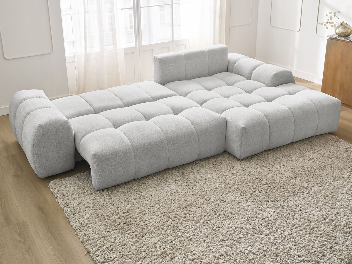Bobochic Everest Ecksofa mit Schlaffunktion und Bettkasten 318 × 180 cm, 3 Kissen Melange-Stoff Hellgrau Ecke rechts