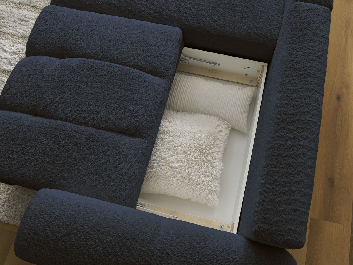 Bobochic Roxelane Ecksofa mit Schlaffunktion und Bettkasten und Pouf 258 × 150 cm Bouclé-Stoff Dunkelblau Ecke rechts