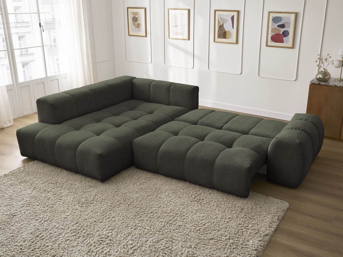 Bobochic Everest Ecksofa mit Schlaffunktion und Bettkasten 320 × 212 cm, 10 Kissen Melange-Stoff Grün Ecke links