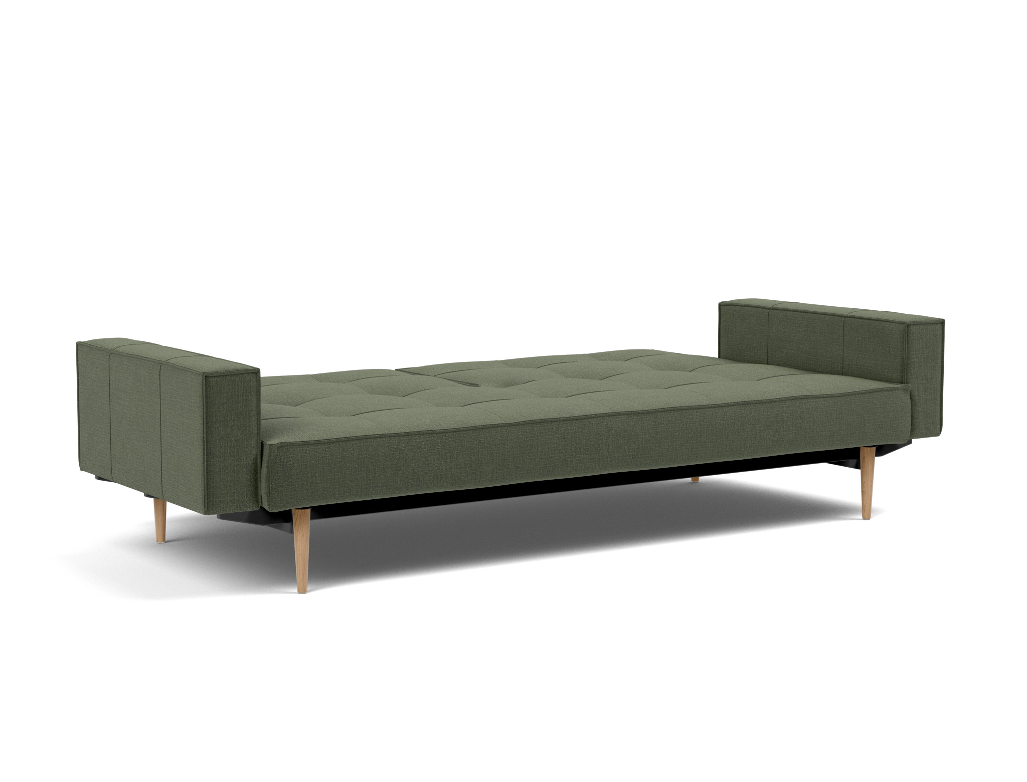 Schlafsofa Splitback mit Armlehnen Chenille Esina 413-Olive-Green Beine Styletto Eiche hell