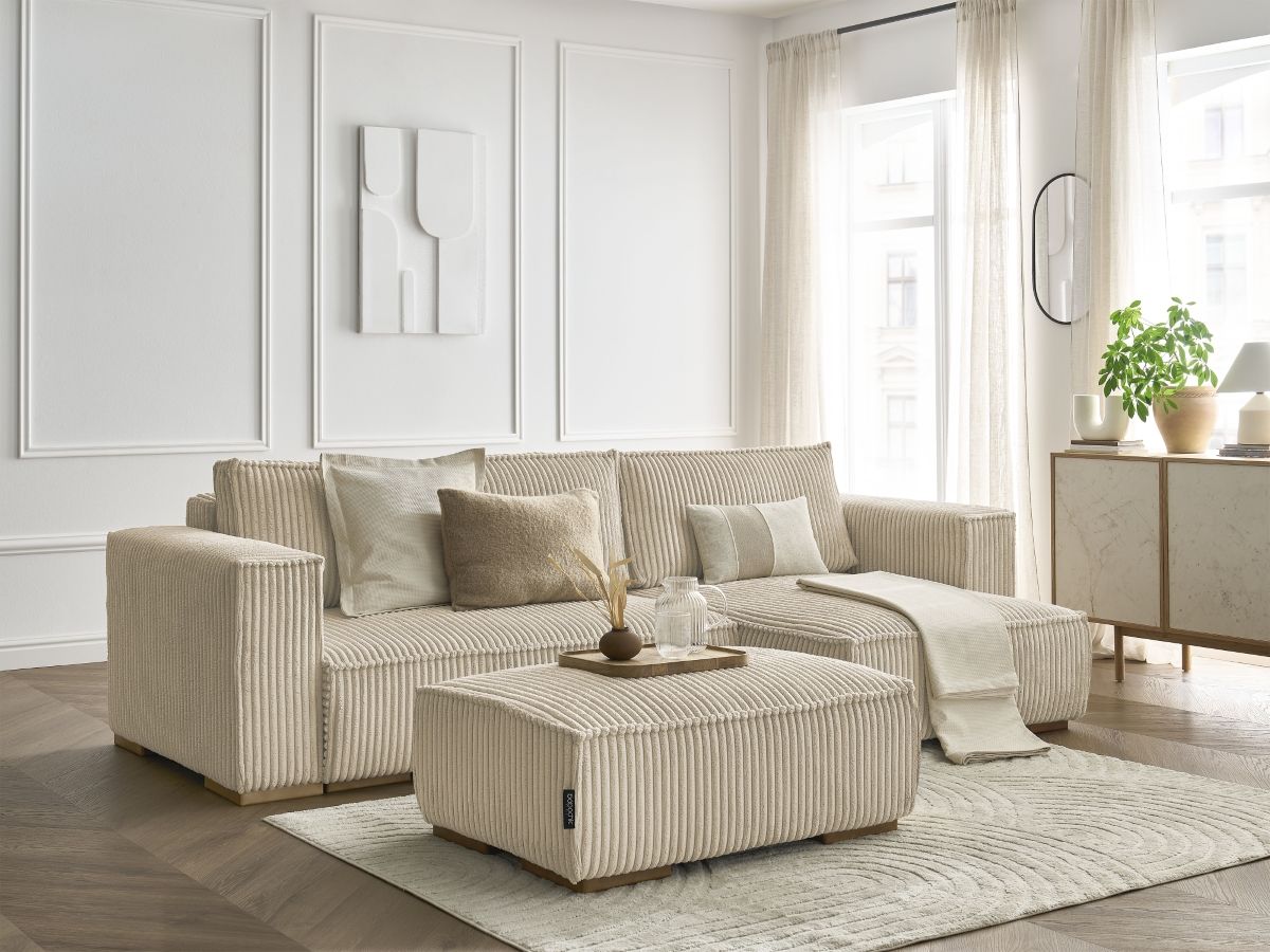 Bobochic Chelsea Ecksofa mit Schlaffunktion und Bettkasten und Pouf Breitcord weich Taupe