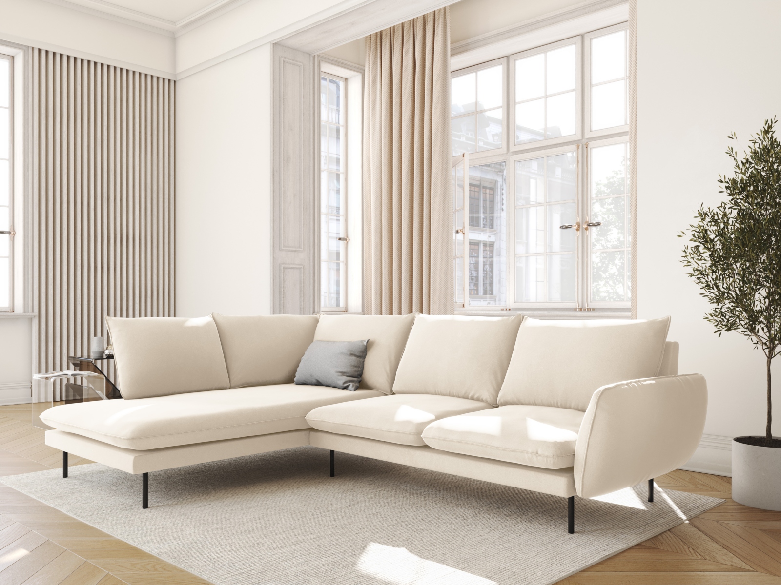 Cosmopolitan Design Ecksofa Vienna 6-Sitzer Samt Bluvel Helles Beige Links Beine Schwarzes Metall