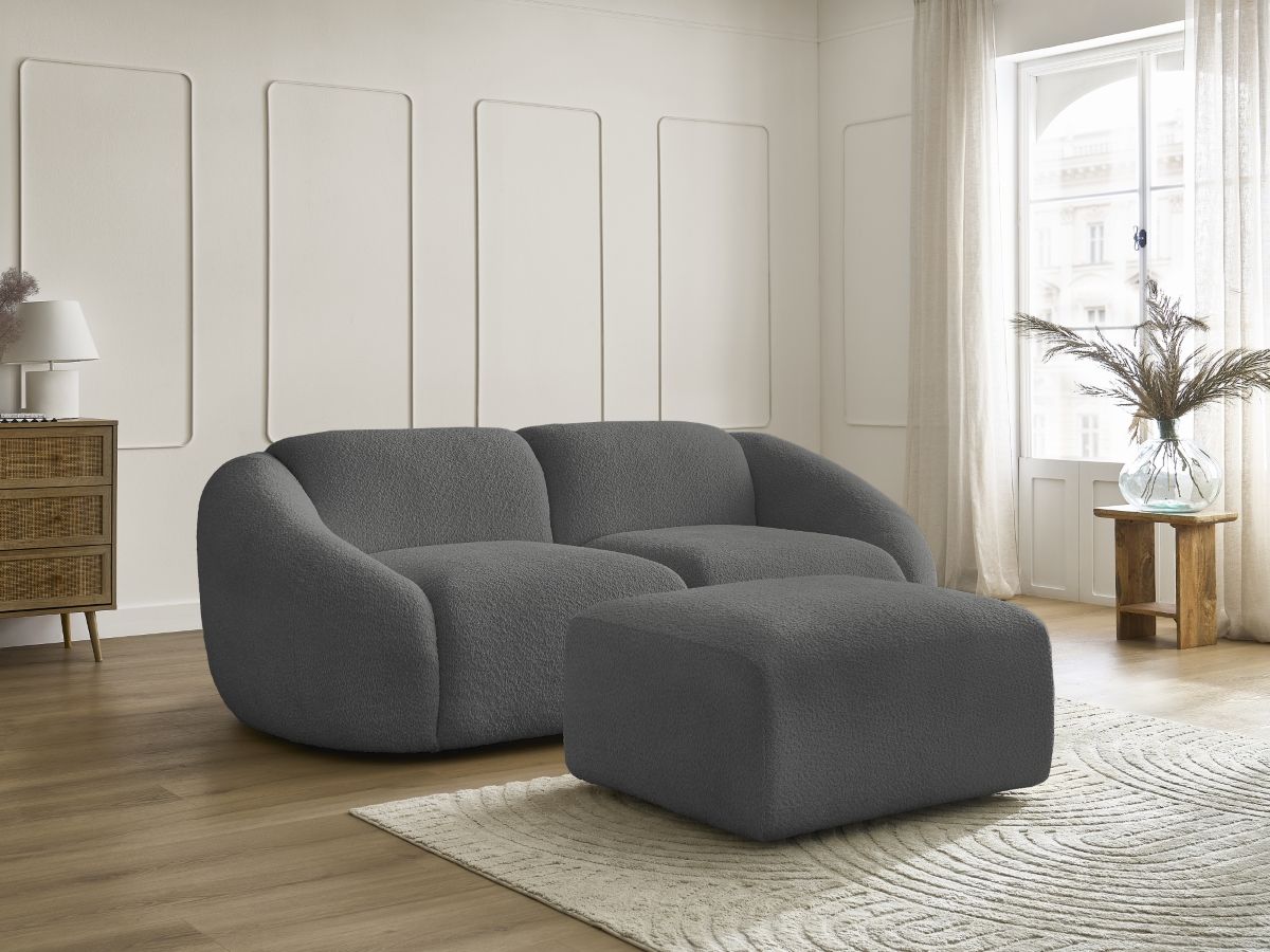 Bobochic Tina Sofa 3-Sitzer mit Pouf Bouclé-Stoff Dunkelgrau