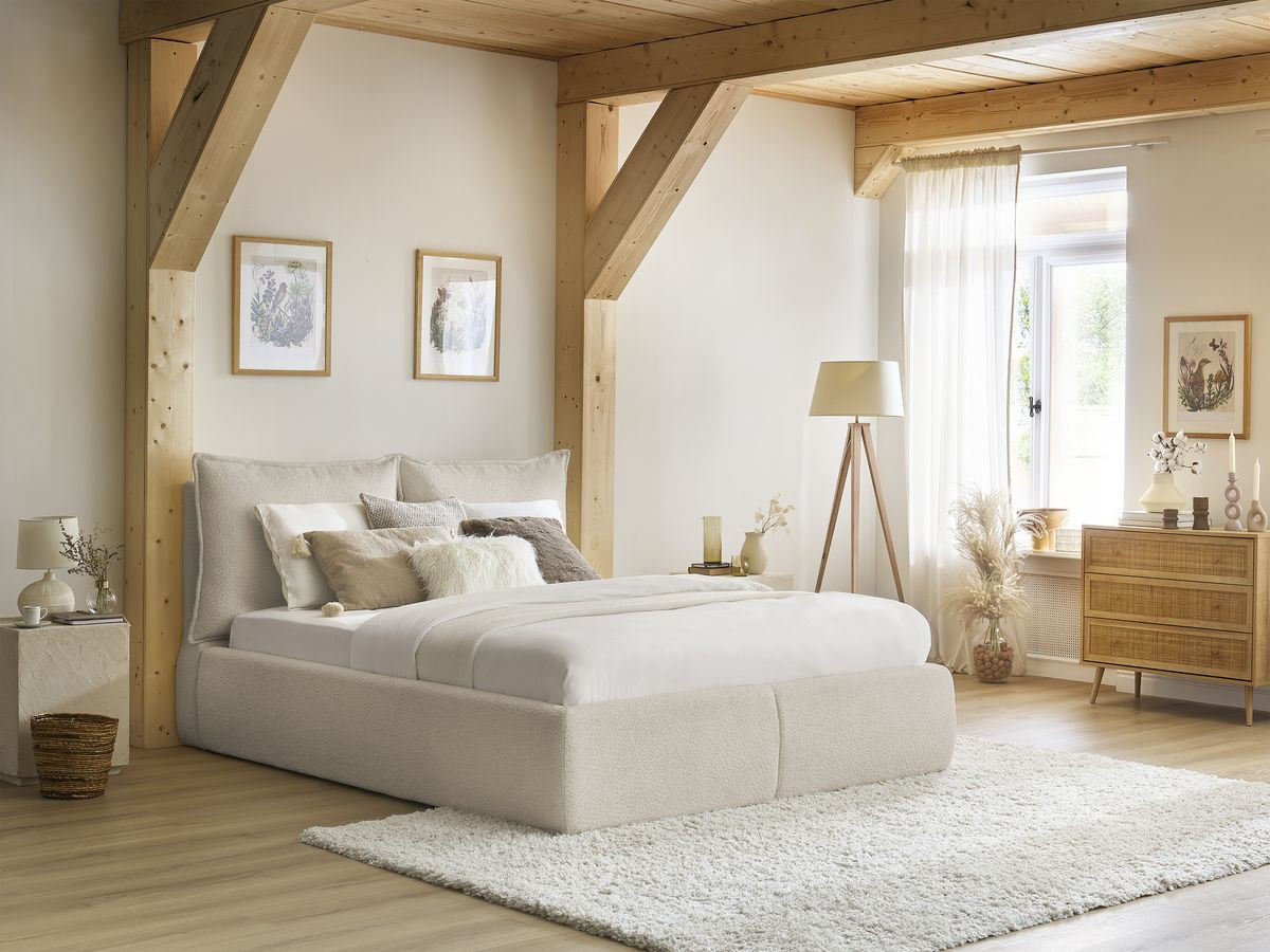 Bobochic Garance Polsterbett mit Bettkasten Bouclé-Stoff Beige, Liegefläche 160 × 200 cm