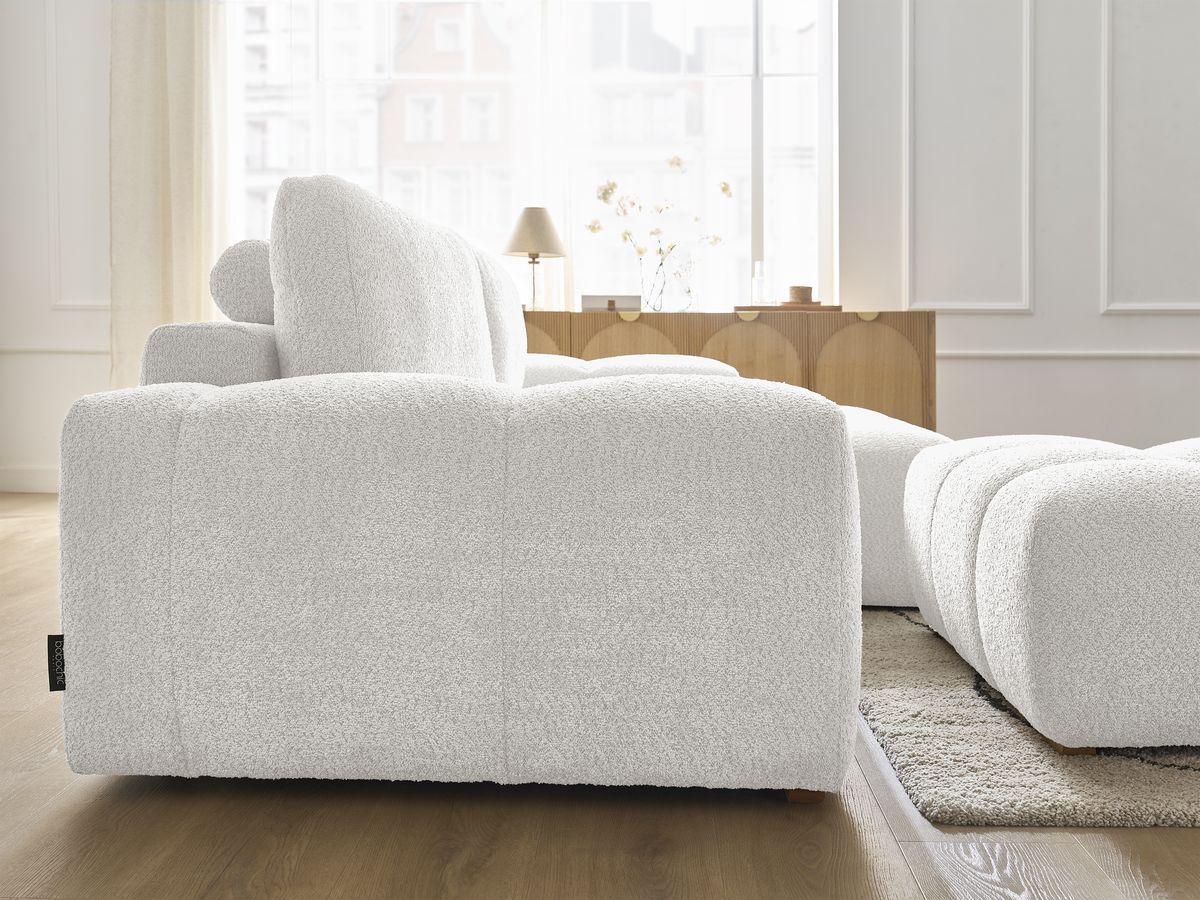 Bobochic Anakin Ecksofa mit Pouf, 2 Kissen Bouclé-Stoff Weiß