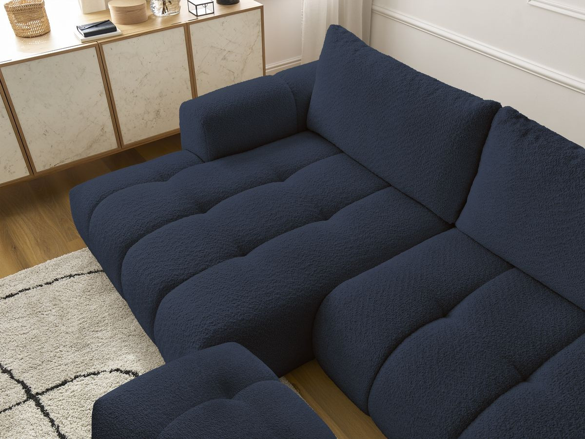 Bobochic Fuji Ecksofa mit Schlaffunktion und Bettkasten und Pouf 292 × 160 cm Bouclé-Stoff Dunkelblau Ecke links