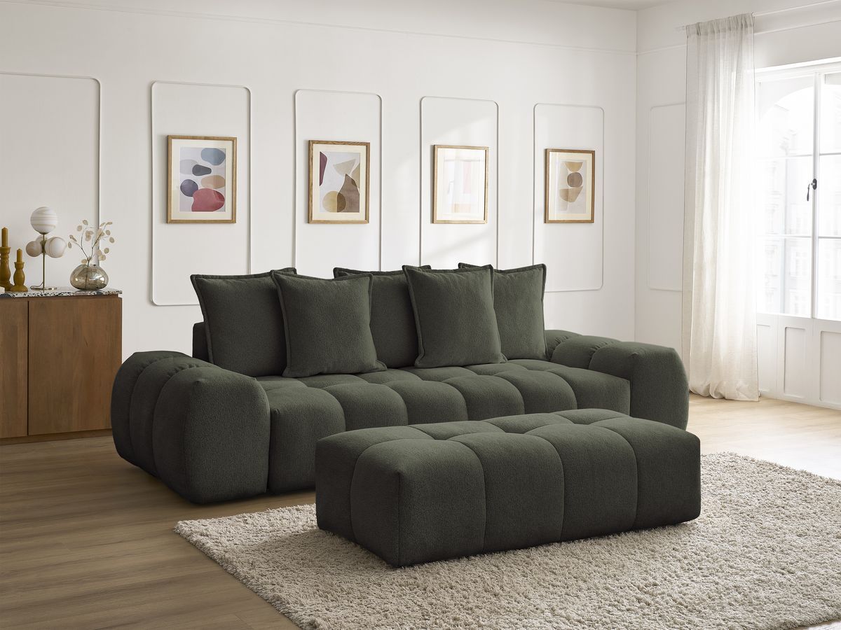 Bobochic Everest Sofa 3-Sitzer mit Pouf, 5 Kissen Melange-Stoff Grün