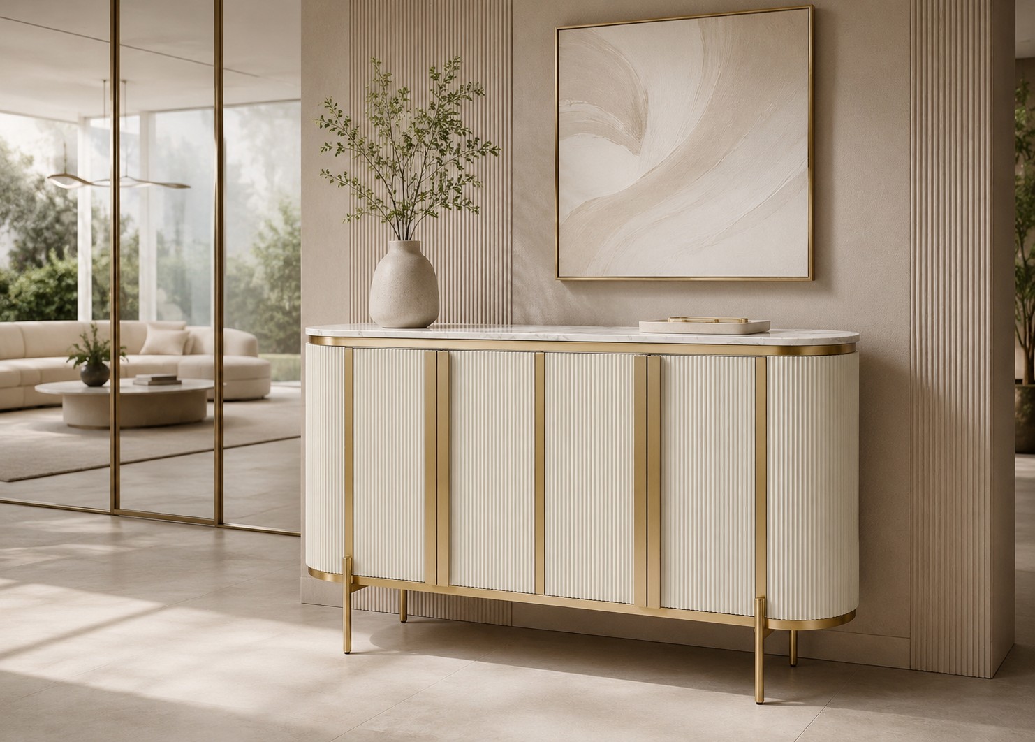 Livin Hill Sideboard Stilig Riffelfront 160 cm Ecru-Weiß, Platte Weiß