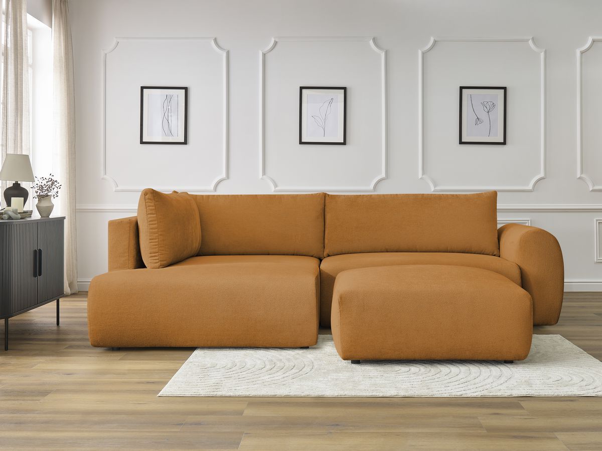 Bobochic Lucien Ecksofa mit Schlaffunktion und Bettkasten und Pouf 296 × 198 cm Stoff Gelb Ecke links