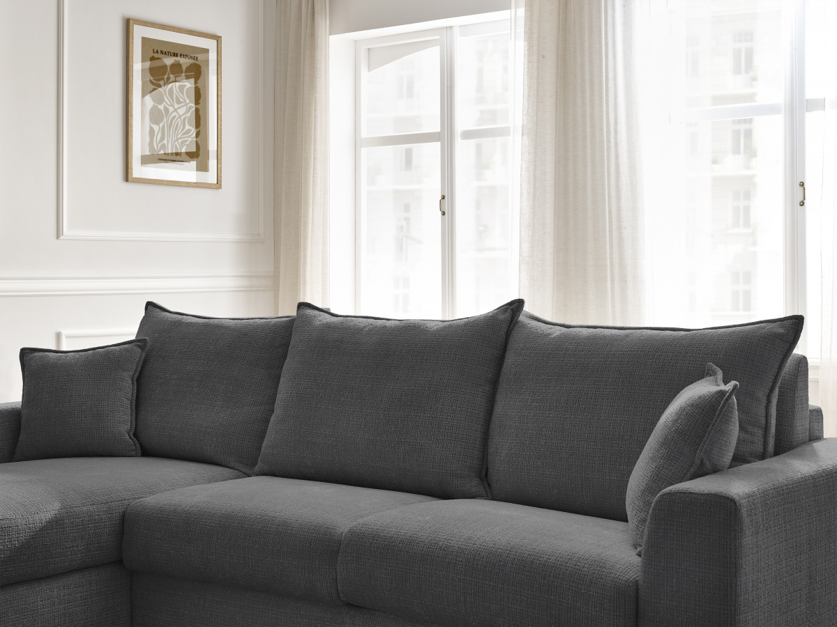 Bobochic Augustin Ecksofa mit Schlaffunktion und Bettkasten Strukturstoff Schwarz, Liegefläche 140 × 200 cm