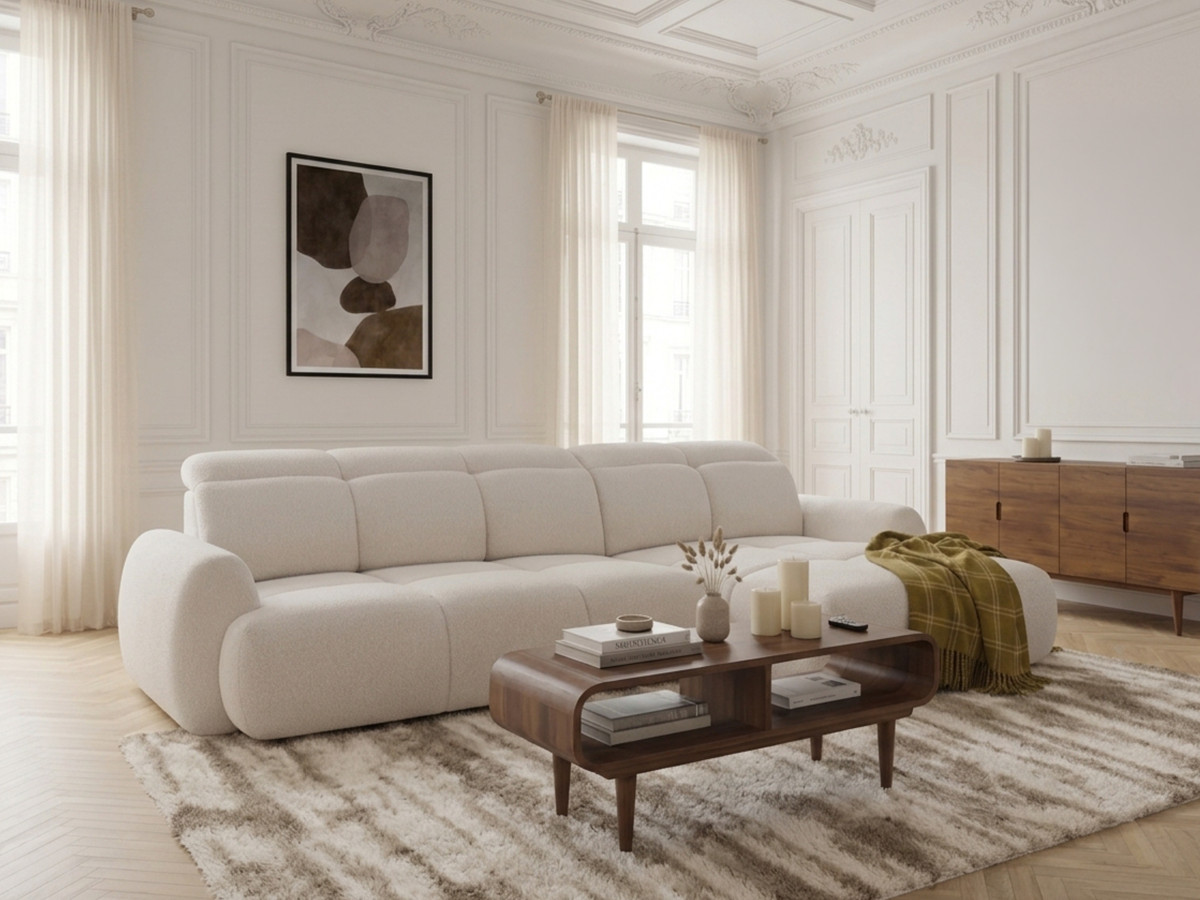 Bobochic Ruby Ecksofa mit Schlaffunktion und Bettkasten Chenille Beige Ecke rechts