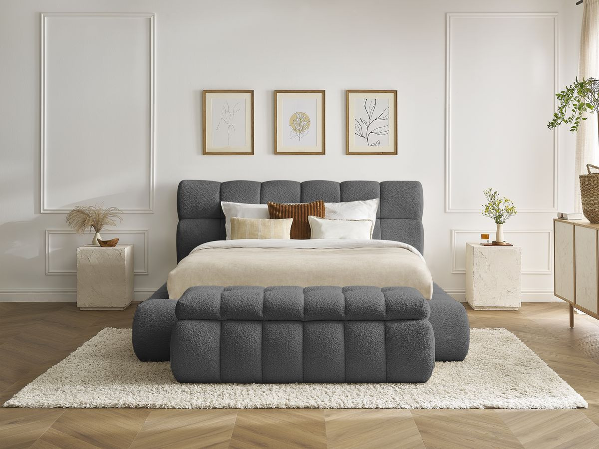 Bobochic Mont-blanc Polsterbett mit Bettkasten mit Bettbank Bouclé-Stoff Dunkelgrau, Liegefläche 140 × 190 cm