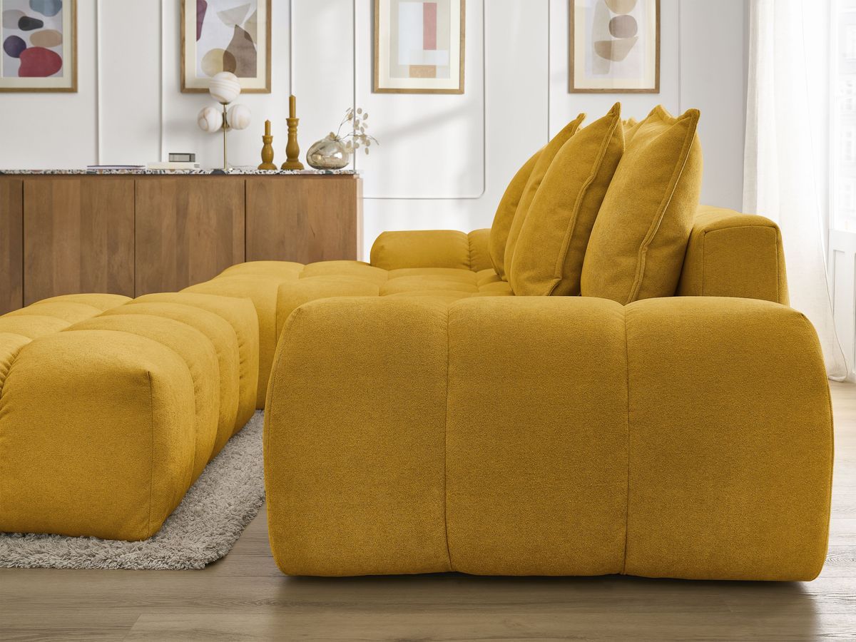 Bobochic Everest Ecksofa mit Schlaffunktion und Bettkasten und Pouf 318 × 180 cm, 7 Kissen Strukturstoff Gelb Ecke links