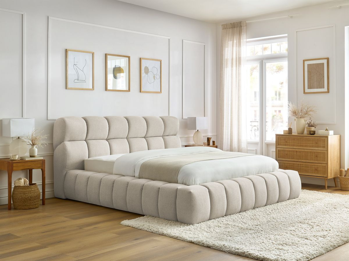 Bobochic Mont-blanc Polsterbett mit Bettkasten Stoff Beige, Liegefläche 140 × 190 cm