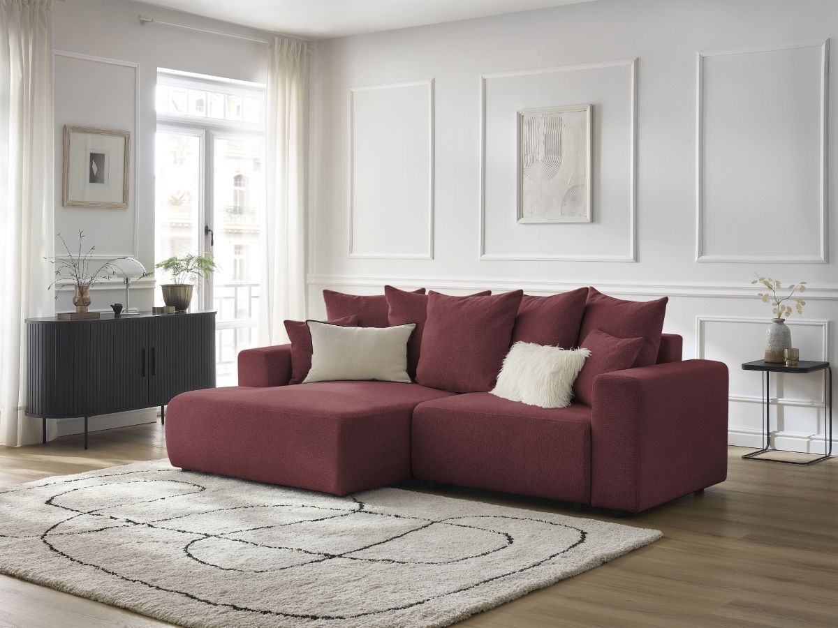 Bobochic Atilla Ecksofa mit Schlaffunktion und Bettkasten Melange-Stoff Rot Ecke links