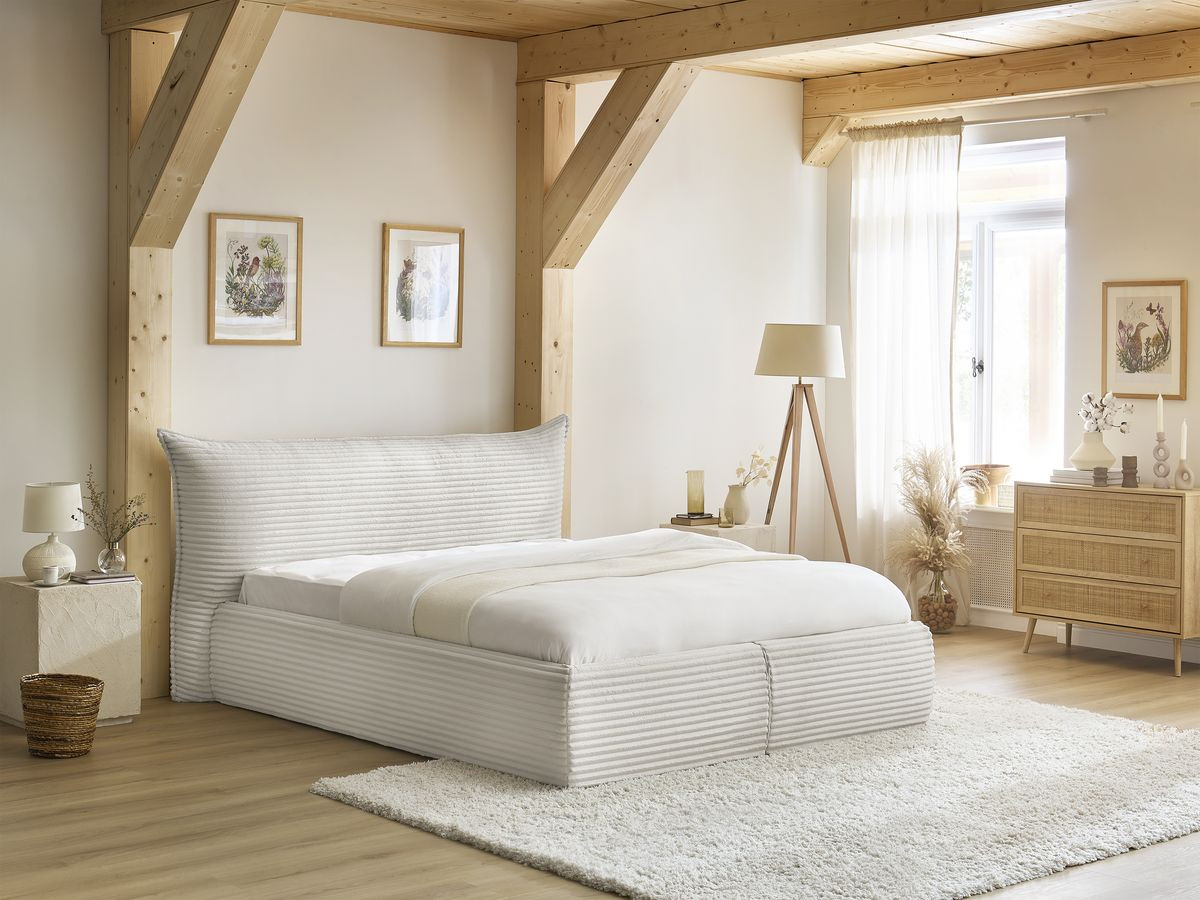 Bobochic Jade Polsterbett mit Bettkasten Cordsamt Beige, Liegefläche 160 × 200 cm