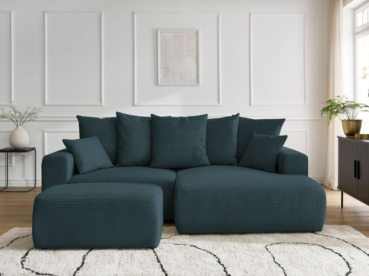 Bobochic Atilla Ecksofa mit Schlaffunktion und Bettkasten und Pouf Cordsamt Dunkelblau Ecke rechts