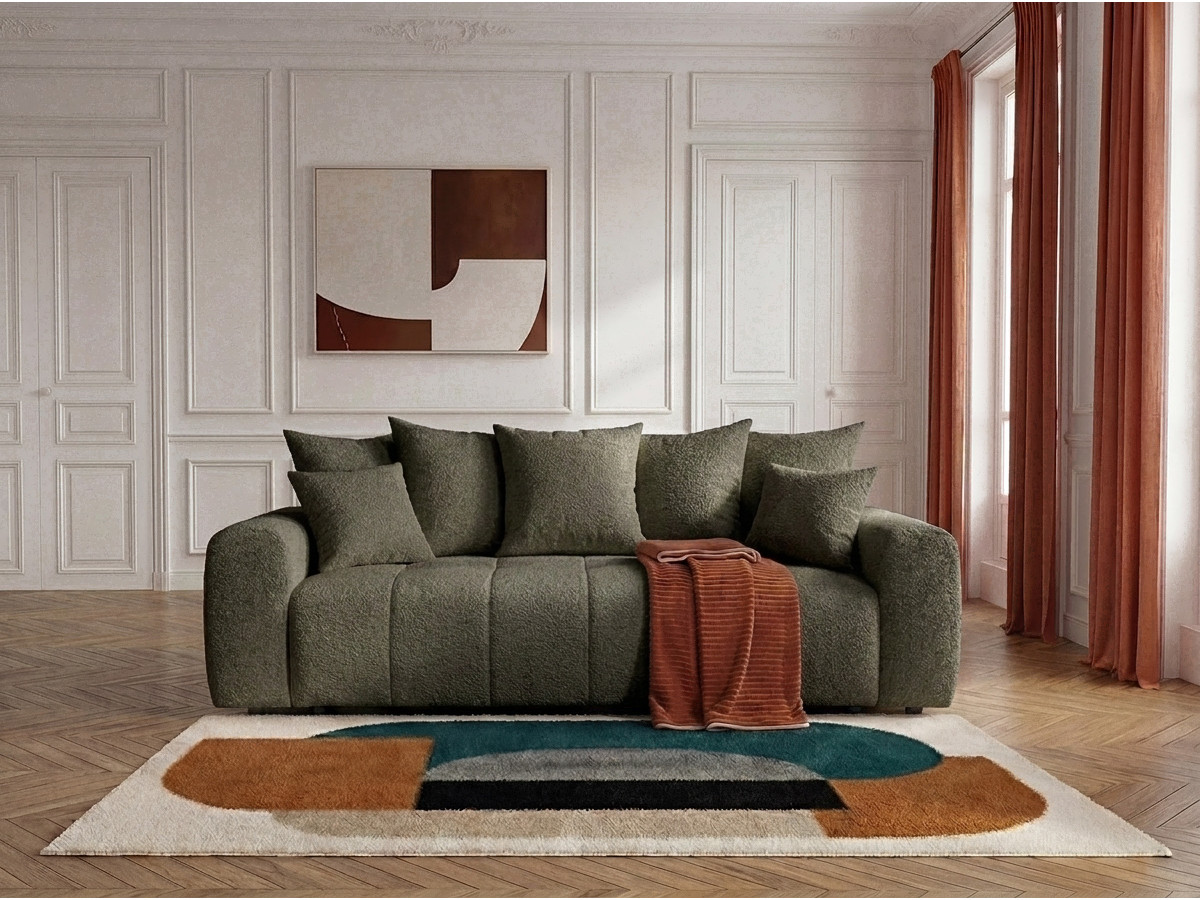 Bobochic Roxelane Schlafsofa 3-Sitzer mit Bettkasten Bouclé-Stoff Grün
