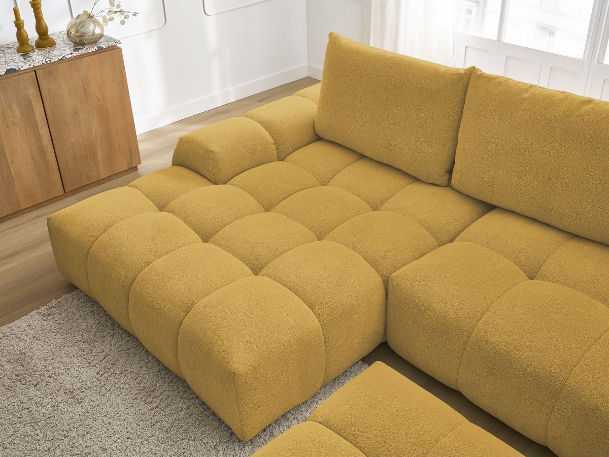 Bobochic Everest Ecksofa mit Schlaffunktion und Bettkasten und Pouf 318 × 180 cm, 3 Kissen Melange-Stoff Gelb Ecke links