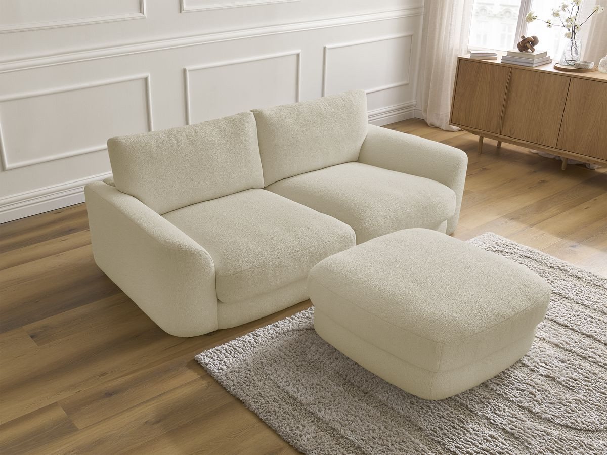 Bobochic Leonore Sofa 3-Sitzer mit Pouf Bouclé-Stoff Beige