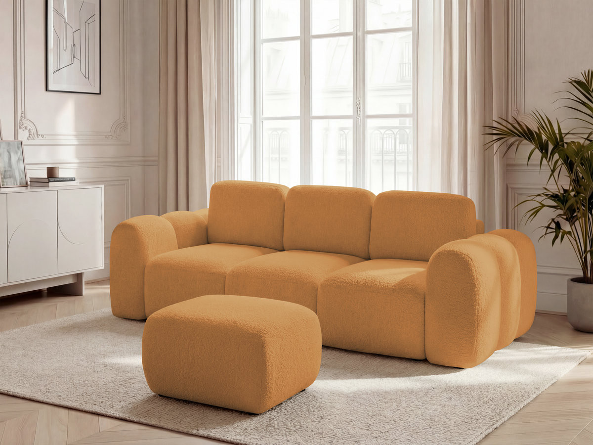 Bobochic Montaigne Schlafsofa 3-Sitzer mit Bettkasten und Pouf Bouclé-Stoff Gelb