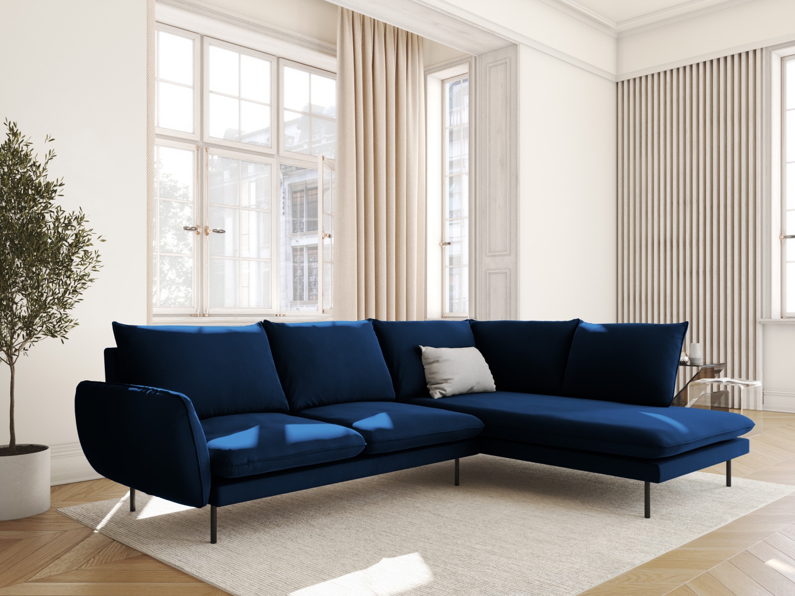 Cosmopolitan Design Ecksofa Vienna 6-Sitzer Samt Bluvel Königsblau Rechts Beine Schwarzes Metall