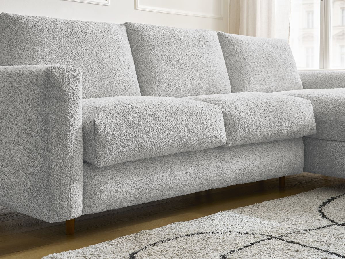 Bobochic Cocoone Ecksofa mit Schlaffunktion und Bettkasten Bouclé-Stoff Hellgrau, Liegefläche 160 × 200 cm