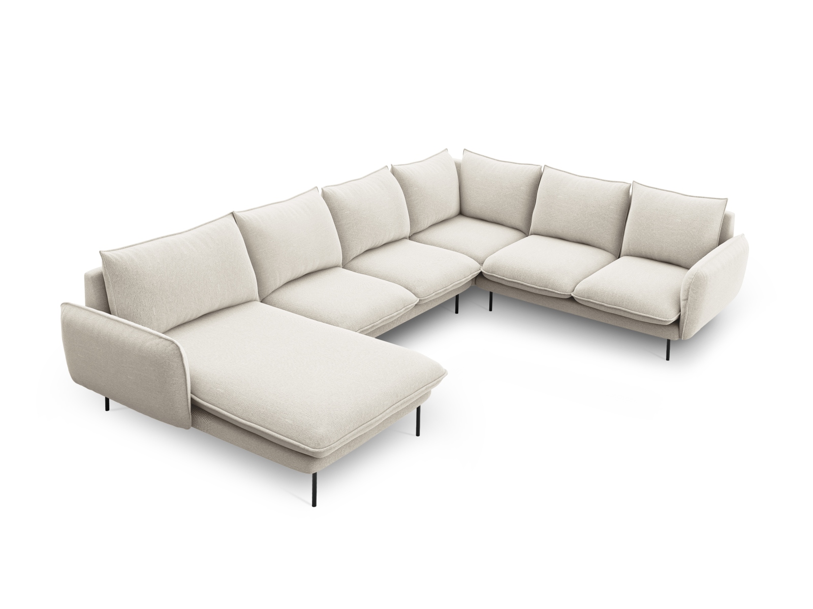 Cosmopolitan Design Panoramasofa Vienna 7-Sitzer Strukturierter Stoff Positano Helles Beige Rechts Beine Schwarzes Metall
