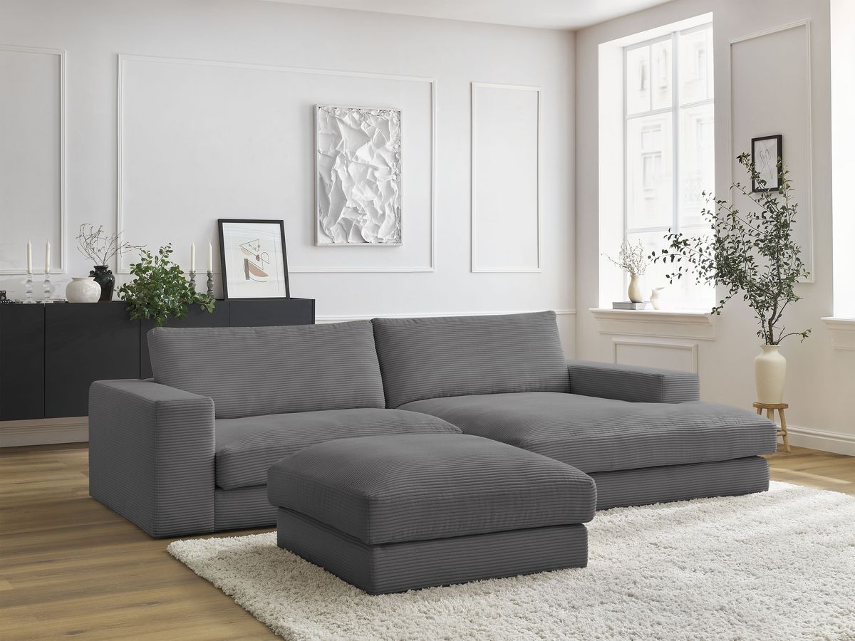 Bobochic Leonard Ecksofa mit Pouf 274 × 159 cm Cordsamt Dunkelgrau Ecke rechts