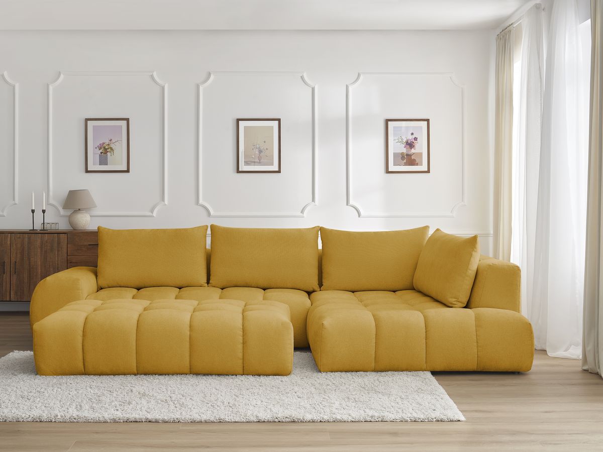 Bobochic Everest Ecksofa mit Schlaffunktion und Pouf, 4 Kissen Strukturstoff Gelb Ecke rechts