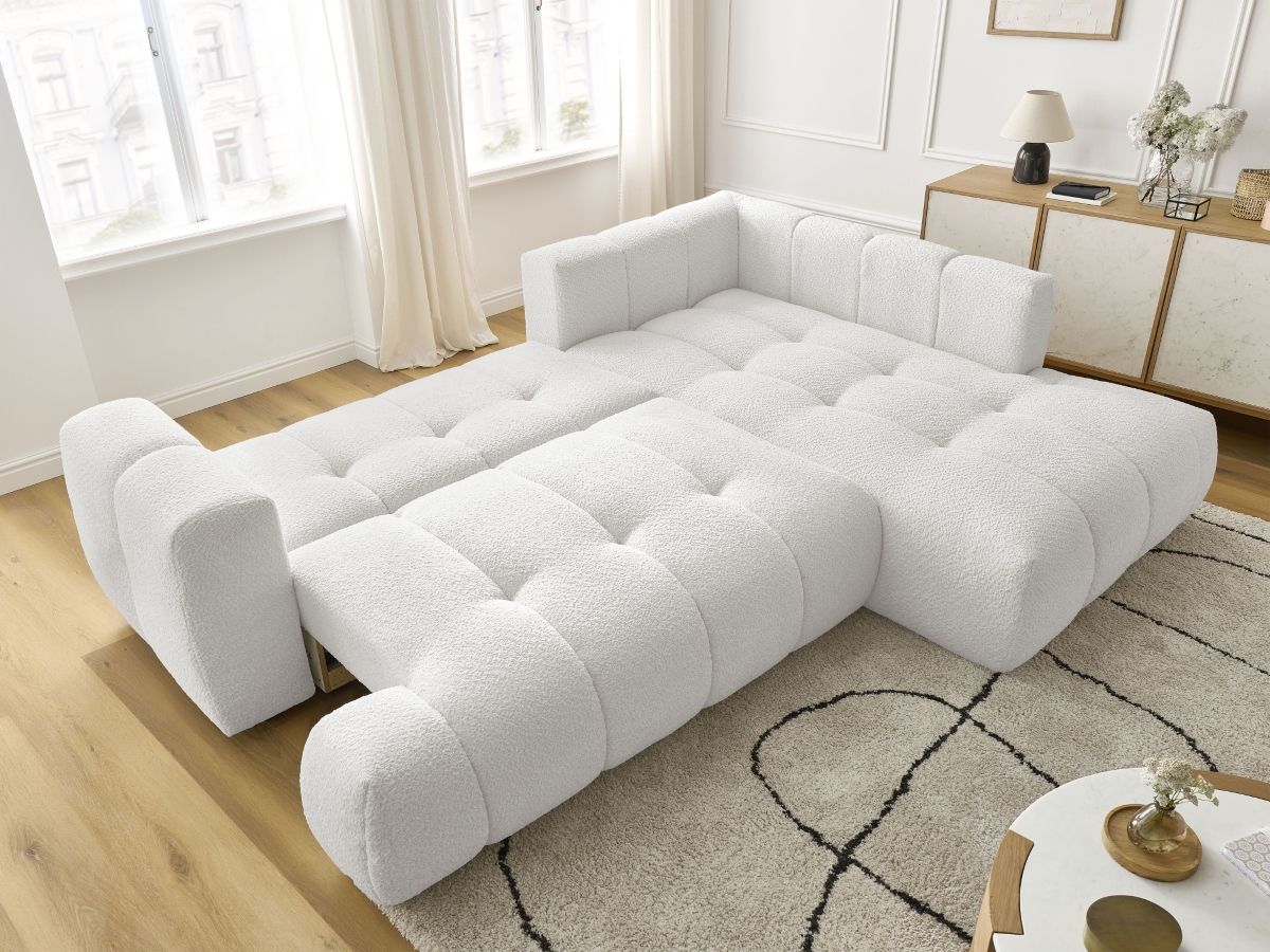 Bobochic Fuji Ecksofa mit Schlaffunktion und Bettkasten 282 × 204 cm Bouclé-Stoff Weiß Ecke rechts