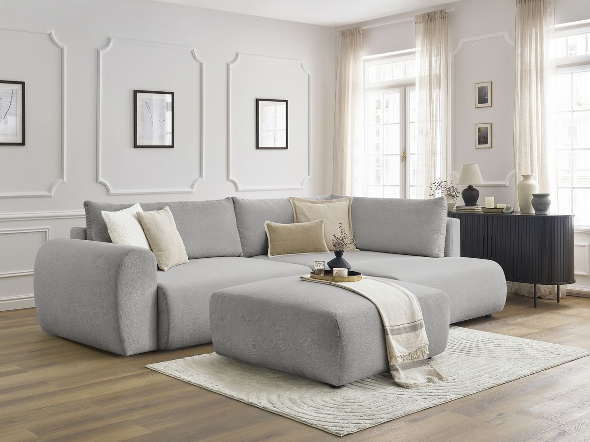 Bobochic Lucien Ecksofa mit Schlaffunktion und Bettkasten und Pouf 296 × 198 cm Stoff Hellgrau Ecke rechts