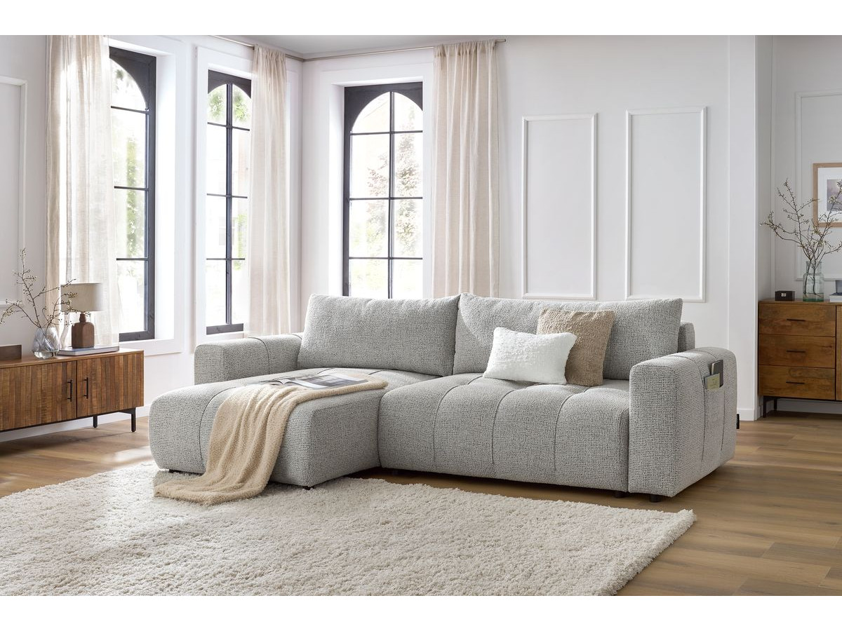 Bobochic Arsene Ecksofa mit Schlaffunktion und Bettkasten 288 × 148 cm Melange-Stoff Hellgrau