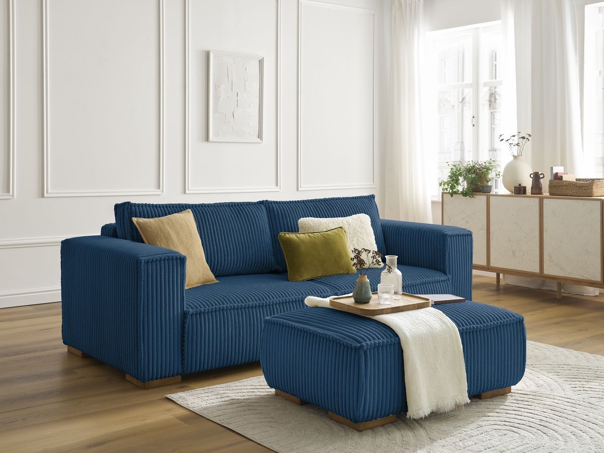 Bobochic Chelsea Sofa 4-Sitzer mit Pouf Breitcord weich Dunkelblau