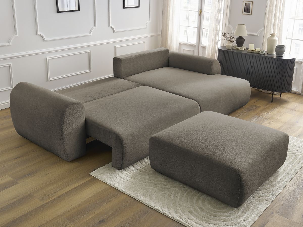 Bobochic Lucien Ecksofa mit Schlaffunktion und Bettkasten und Pouf 314 × 167 cm Stoff Taupe Ecke rechts