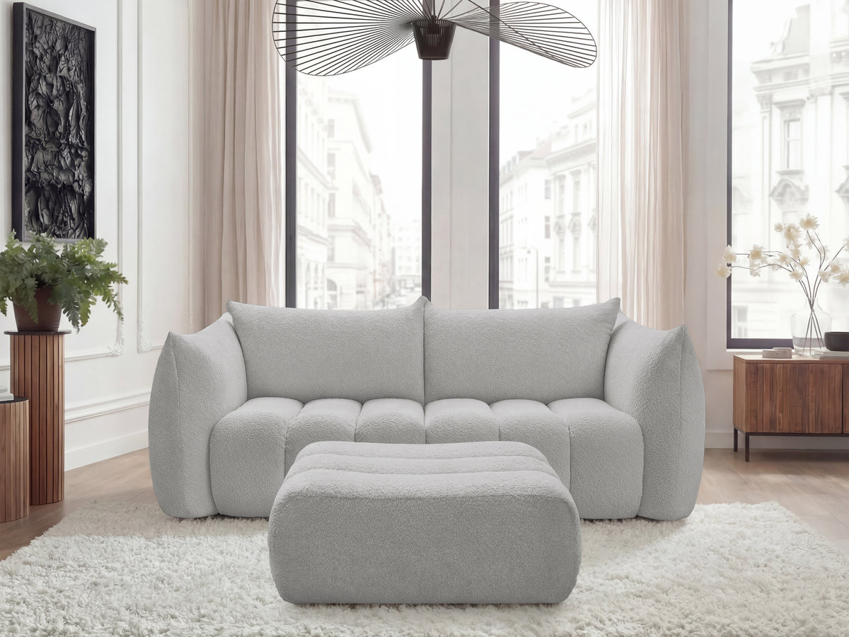 Bobochic Azra Sofa 3-Sitzer mit Pouf Bouclé-Stoff Hellgrau