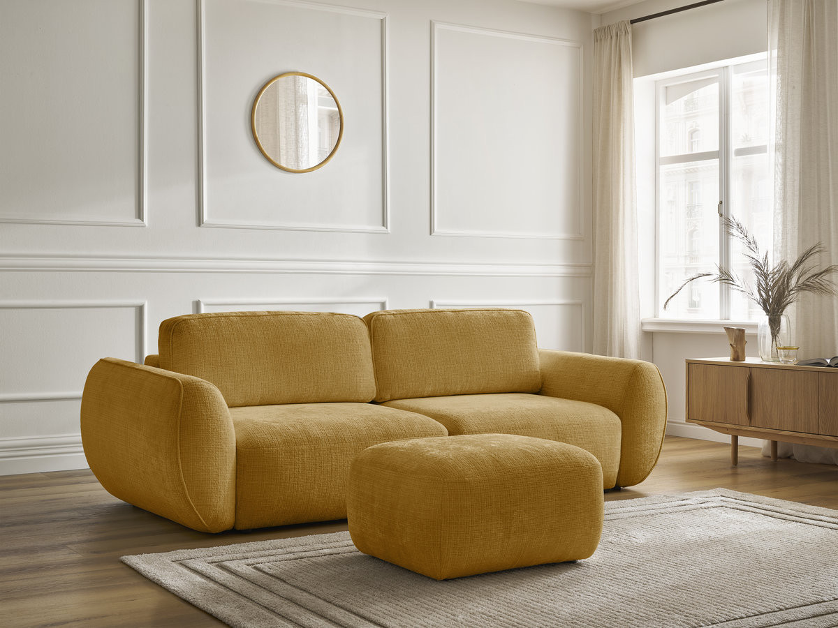 Bobochic Denise Schlafsofa 3-Sitzer mit Bettkasten und Pouf Strukturstoff Gelb