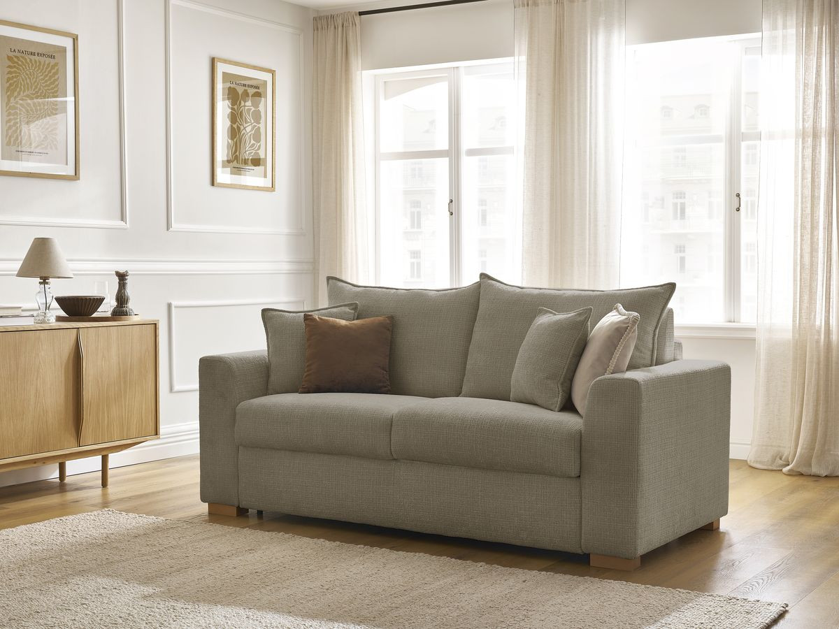 Bobochic Augustin Schlafsofa 3-Sitzer Strukturstoff Taupe, Liegefläche 140 × 200 cm