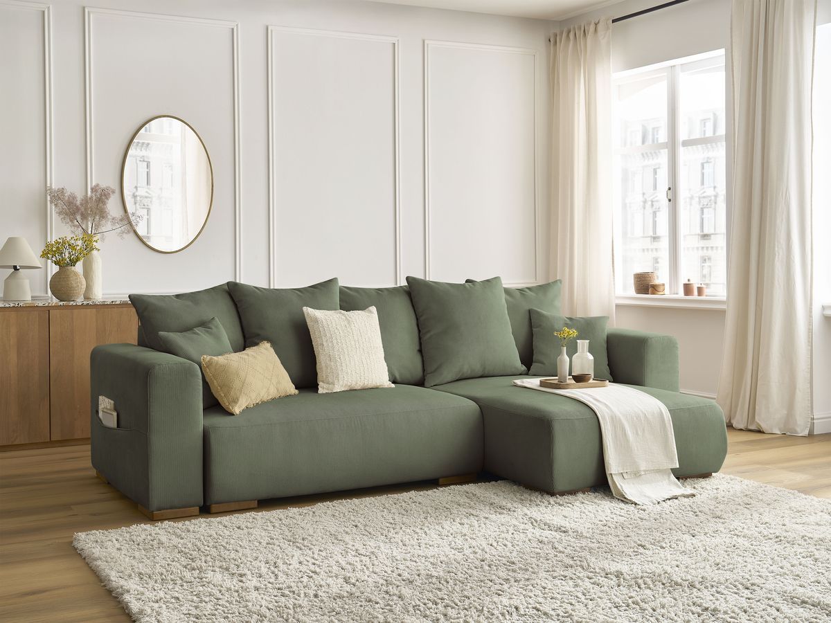 Bobochic Sidonie Ecksofa mit Schlaffunktion und Bettkasten Cordsamt Grün