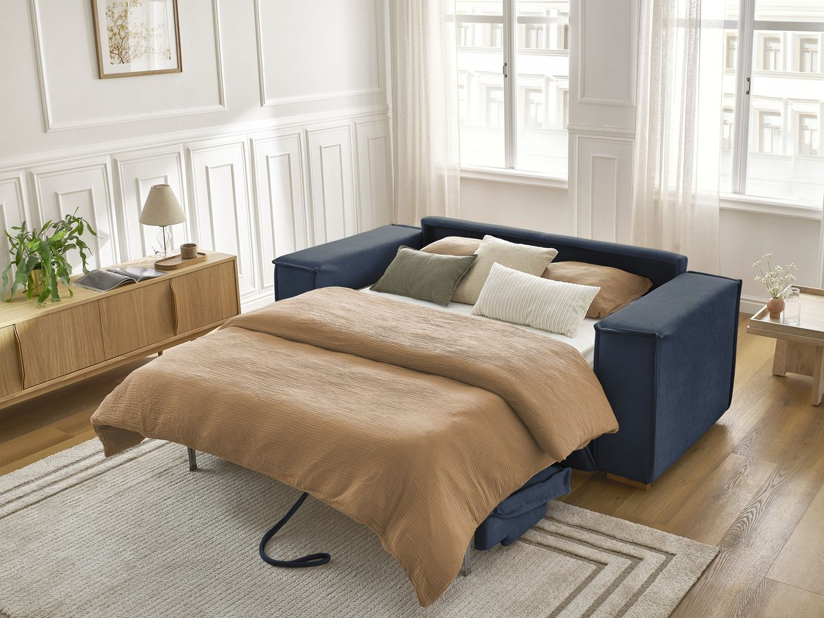 Bobochic Chelsea Schlafsofa 3-Sitzer Strukturstoff Dunkelblau, Liegefläche 160 × 200 cm
