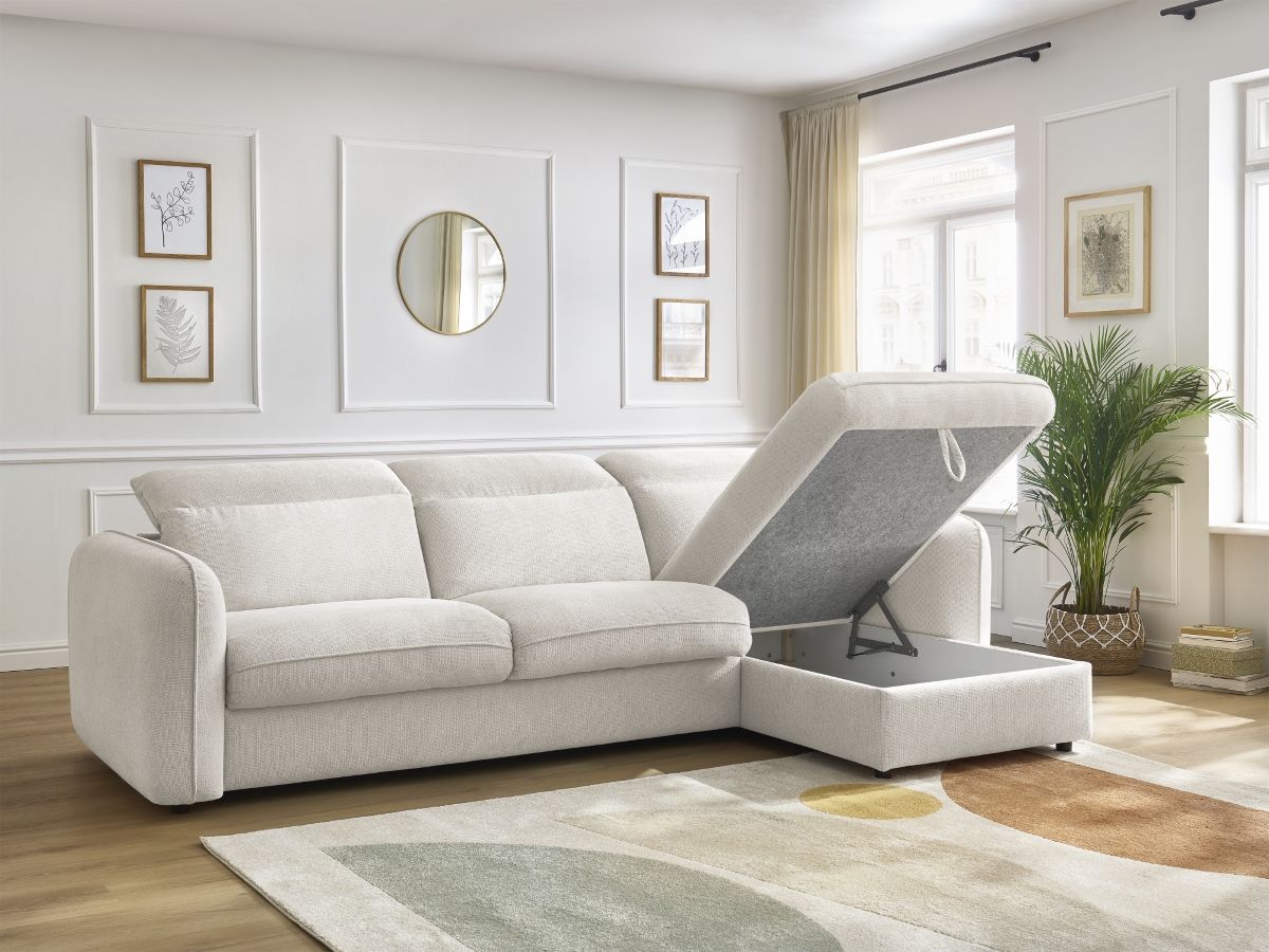 Bobochic Achille Ecksofa mit Schlaffunktion und Bettkasten Melange-Stoff Weiß, Liegefläche 140 × 200 cm