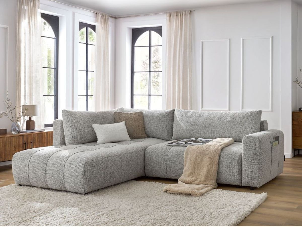 Bobochic Arsene Ecksofa mit Schlaffunktion und Bettkasten 277 × 200 cm Melange-Stoff Hellgrau Ecke links