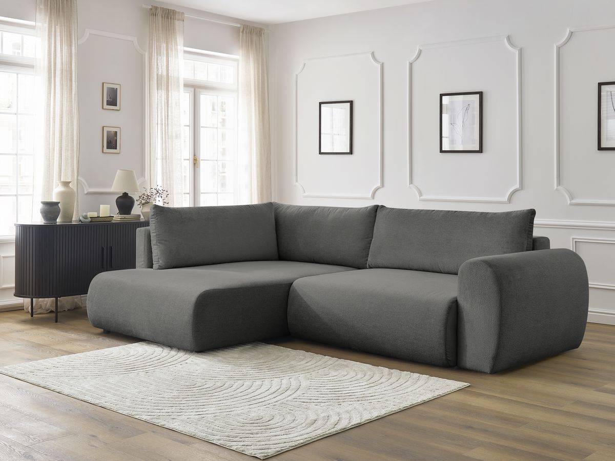 Bobochic Lucien Ecksofa mit Schlaffunktion und Bettkasten 296 × 198 cm Stoff Dunkelgrau Ecke links