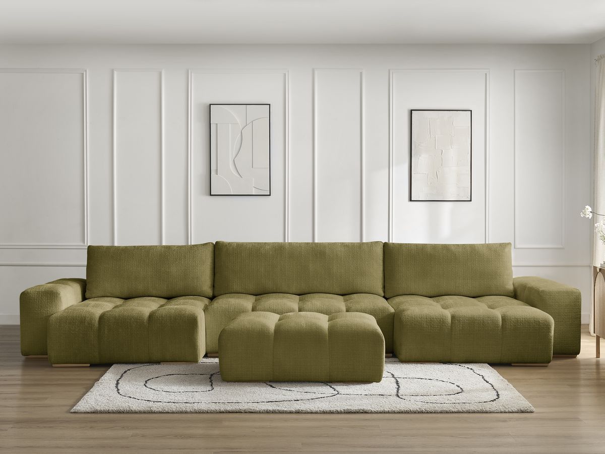 Bobochic Anakin Wohnlandschaft mit Pouf, 3 Kissen Strukturstoff Grün