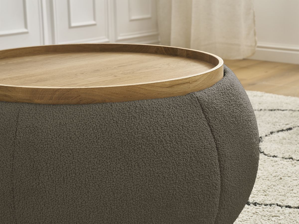 Bobochic Hayden Pouf mit Tablett, rund Bouclé-Stoff Braun, 77 cm