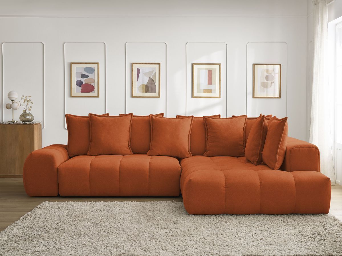 Bobochic Everest Ecksofa mit Schlaffunktion und Bettkasten 320 × 212 cm, 10 Kissen Strukturstoff Orange Ecke rechts