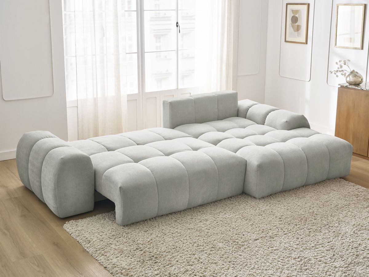 Bobochic Everest Ecksofa mit Schlaffunktion und Bettkasten 318 × 180 cm, 7 Kissen Strukturstoff Hellgrau Ecke rechts