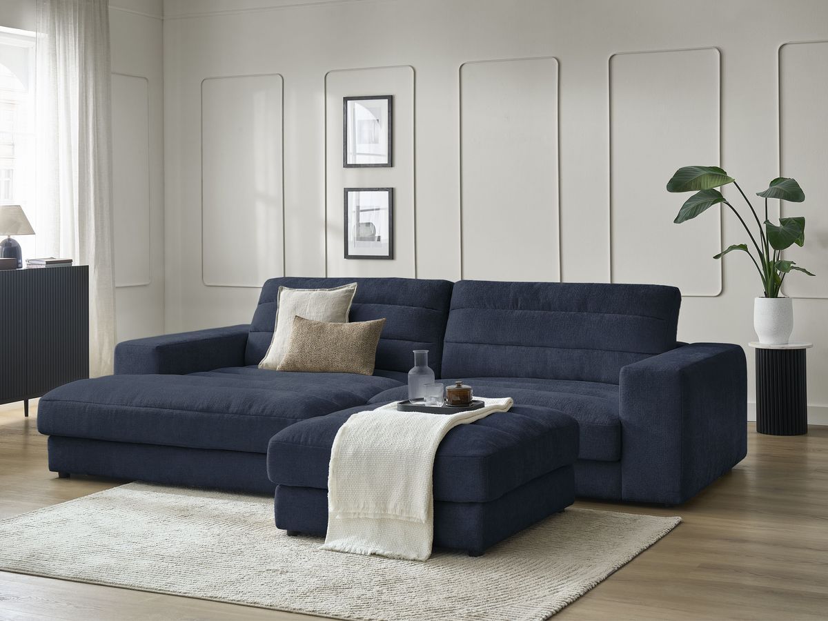 Bobochic Sierra Ecksofa mit Pouf Strukturstoff Dunkelblau Ecke links