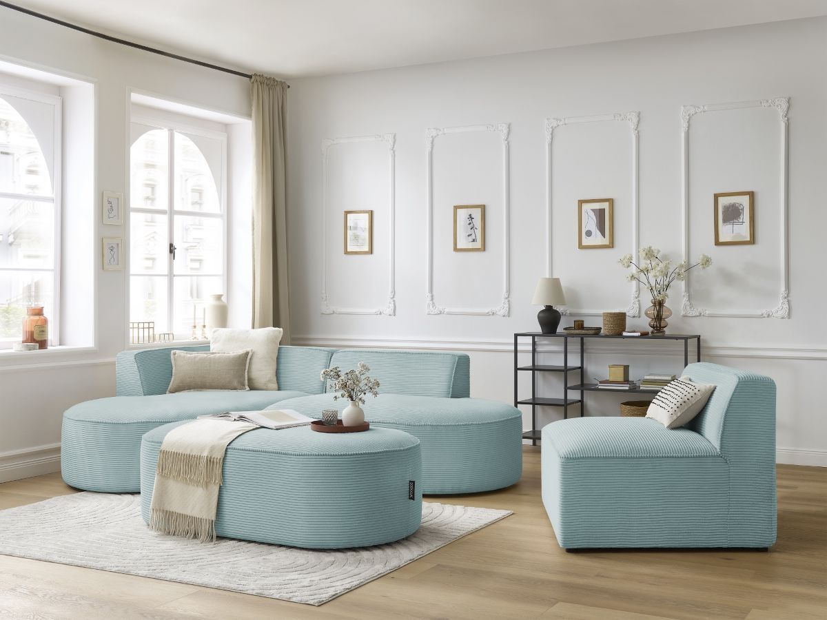 Bobochic Rousseau Ecksofa mit Sofamodul und Pouf Cordsamt Hellblau Ecke links