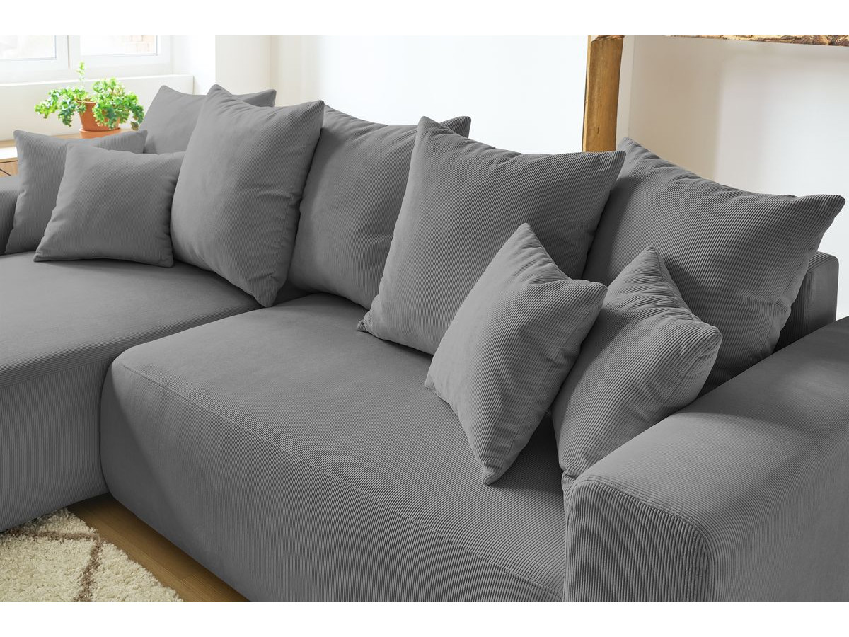 Bobochic Envy Ecksofa mit Schlaffunktion und Bettkasten und Pouf Cordsamt Dunkelgrau